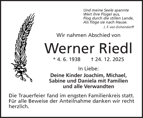 Traueranzeige von Werner Riedl von Frankenpost