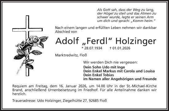 Traueranzeige von Adolf Holzinger von Frankenpost
