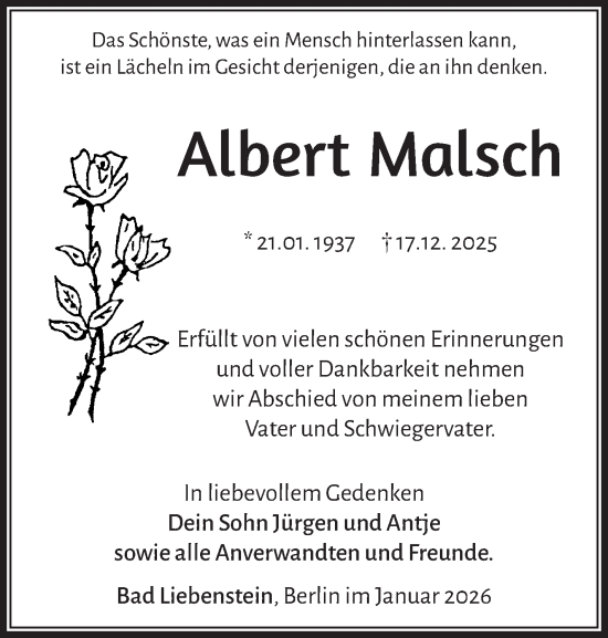 Traueranzeige von Albert Malsch von Südthüringer Presse