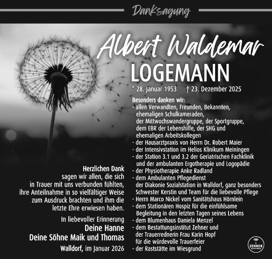 Traueranzeige von Albert Waldemar Logemann von Südthüringer Presse