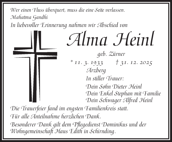 Traueranzeige von Alma Heinl von Frankenpost