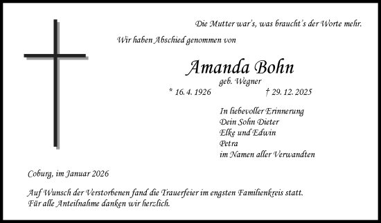 Traueranzeige von Amanda Bohn von Neue Presse Coburg
