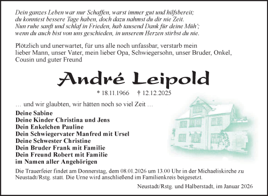 Traueranzeige von Andre Leipold von Südthüringer Presse