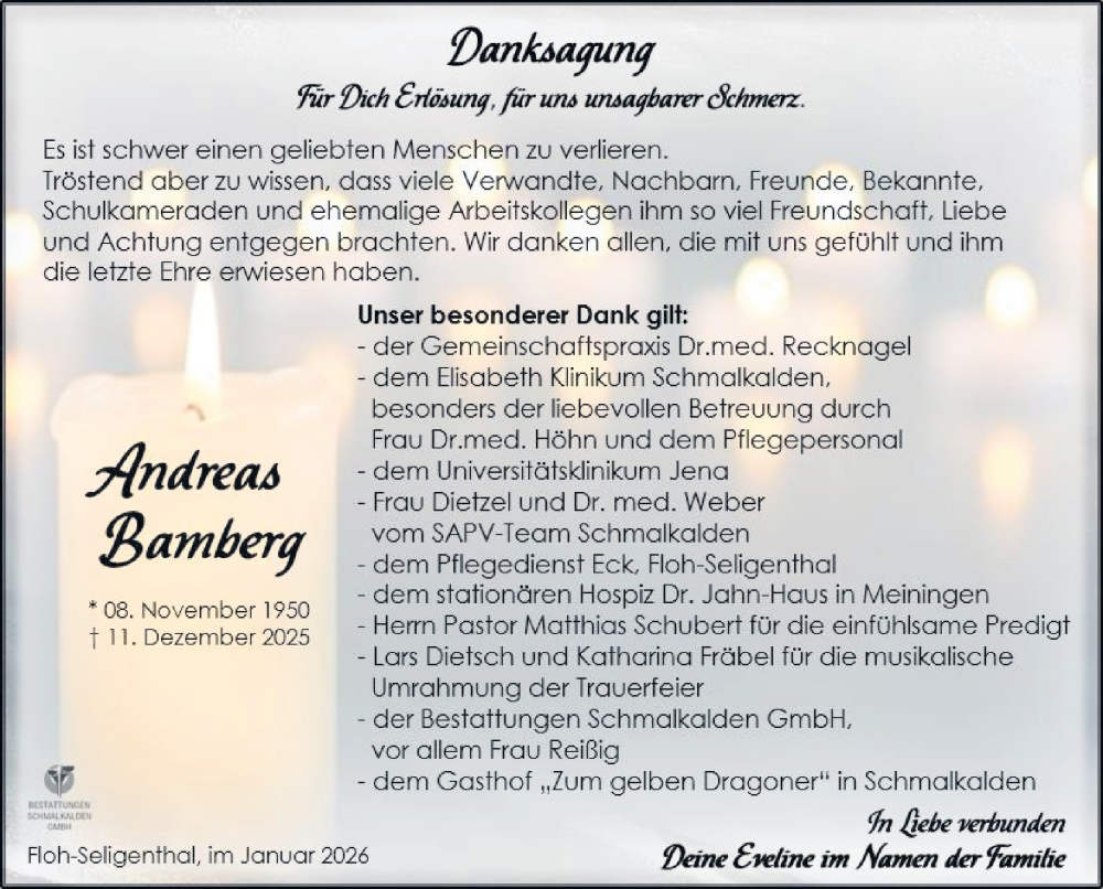  Traueranzeige für Andreas Bamberg vom 10.01.2026 aus Südthüringer Presse
