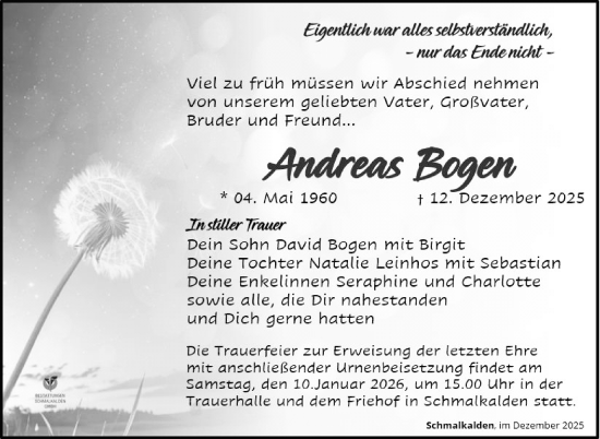 Traueranzeige von Andreas Bogen von Südthüringer Presse