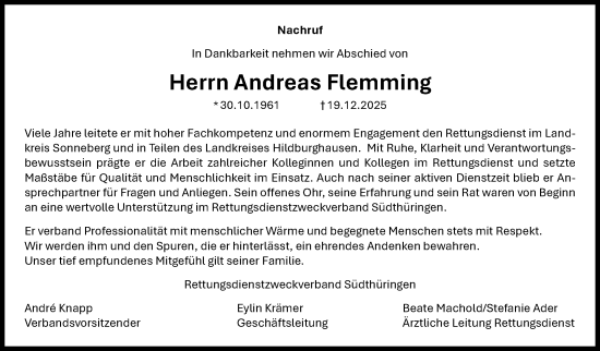 Traueranzeige von Andreas Flemming von Südthüringer Presse