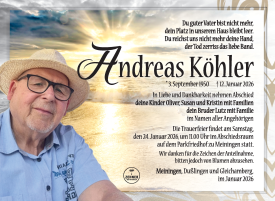 Traueranzeige von Andreas Köhler von Südthüringer Presse