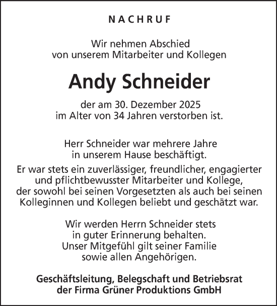 Traueranzeige von Andy Schneider von Südthüringer Presse