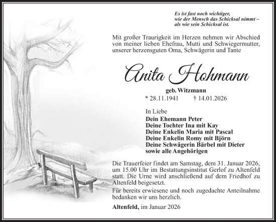 Traueranzeige von Anita Hohmann von Südthüringer Presse