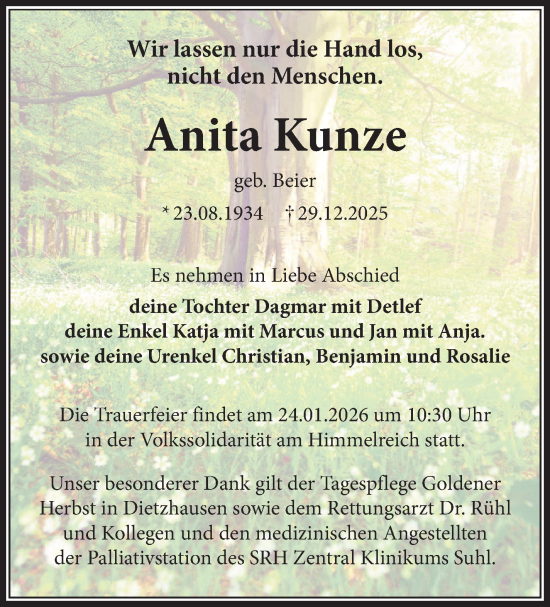 Traueranzeige von Anita Kunze von Südthüringer Presse