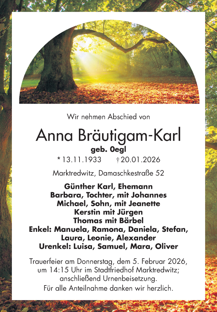  Traueranzeige für Anna Bräutigam-Karl vom 31.01.2026 aus Frankenpost