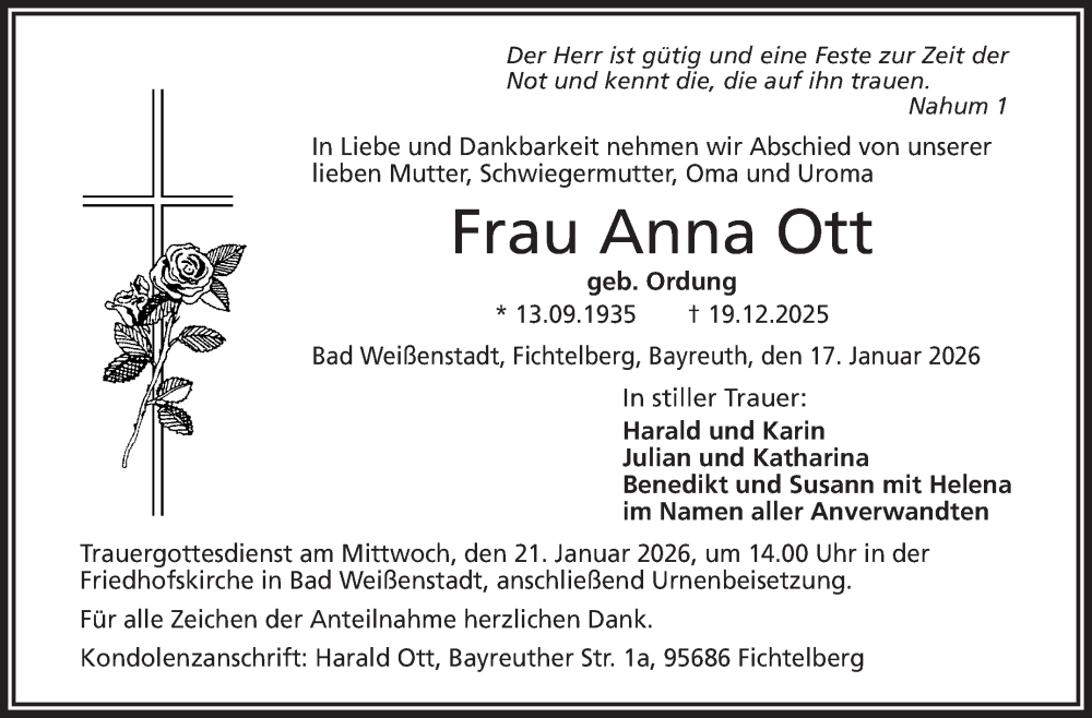  Traueranzeige für Anna Ott vom 17.01.2026 aus Frankenpost