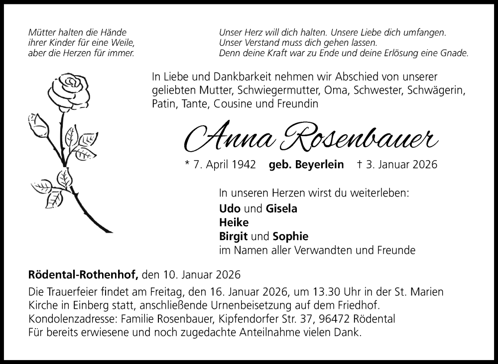  Traueranzeige für Anna Rosenbauer vom 10.01.2026 aus Neue Presse Coburg