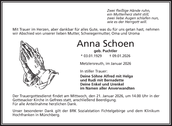 Traueranzeige von Anna Schoen von Frankenpost