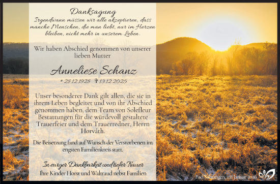 Traueranzeige von Anneliese Schanz von Südthüringer Presse