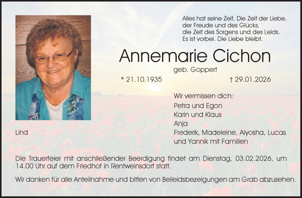  Traueranzeige für Annemarie Cichon vom 31.01.2026 aus Neue Presse Coburg
