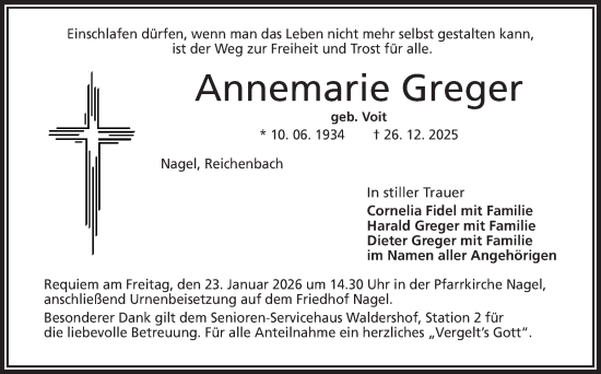 Traueranzeige von Annemarie Greger von Frankenpost