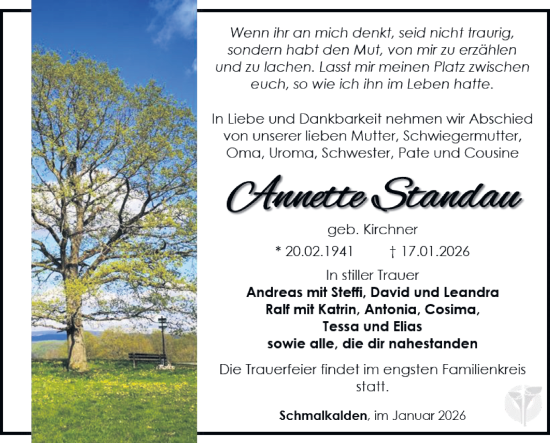 Traueranzeige von Annette Standau von Südthüringer Presse