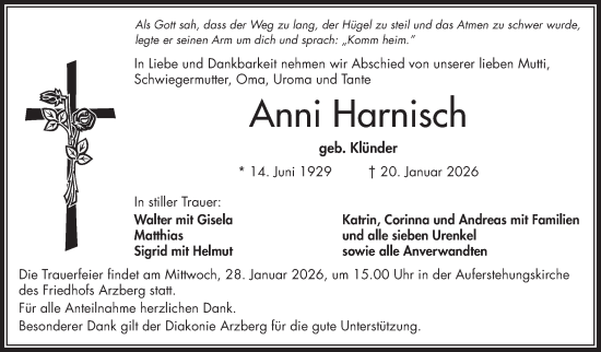 Traueranzeige von Anni Harnisch von Frankenpost