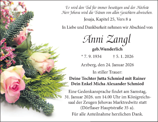 Traueranzeige von Anni Zangl von Frankenpost