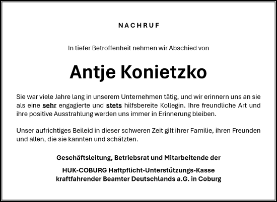 Traueranzeige von Antje Konietzko von Neue Presse Coburg