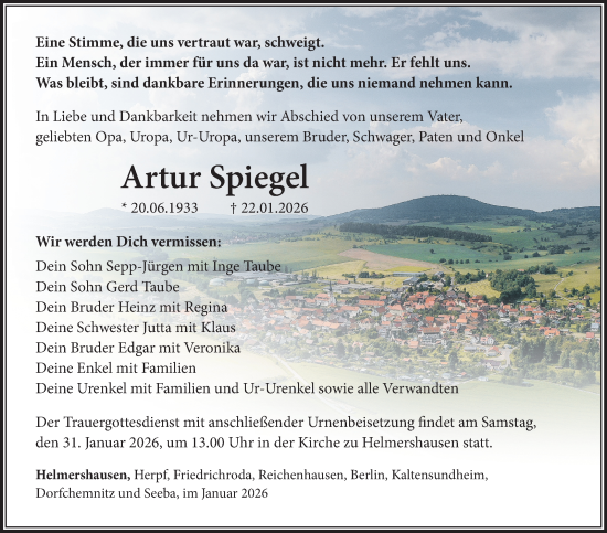 Traueranzeige von Artur Spiegel von Südthüringer Presse