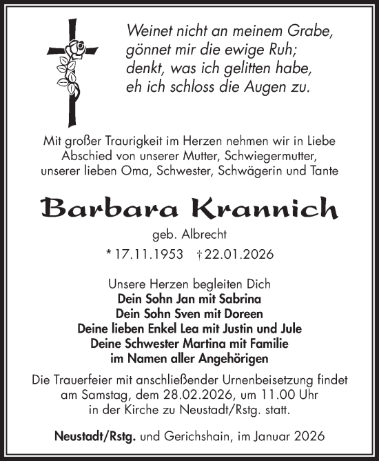 Traueranzeige von Barbara Krannich von Südthüringer Presse