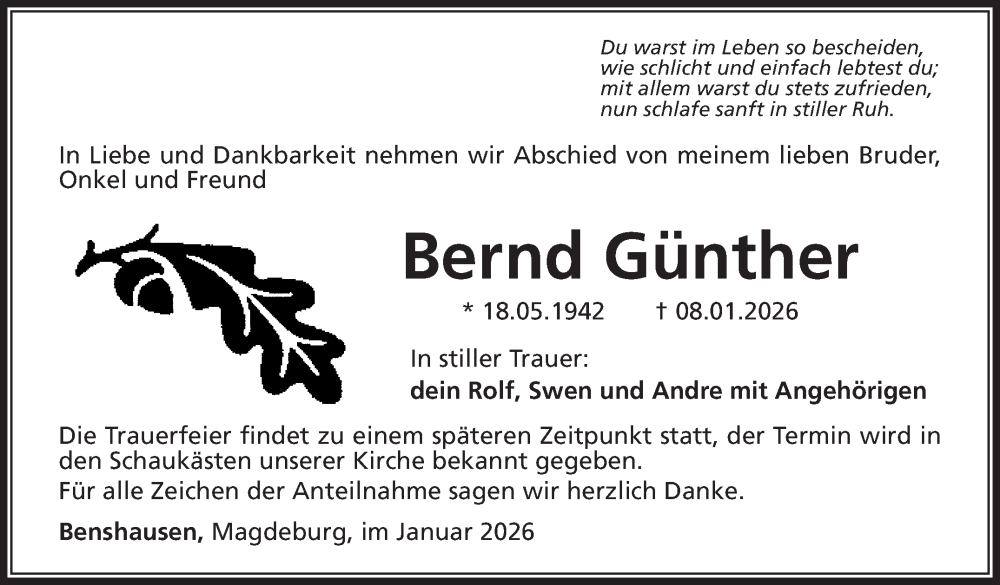  Traueranzeige für Bernd Günther vom 17.01.2026 aus Südthüringer Presse