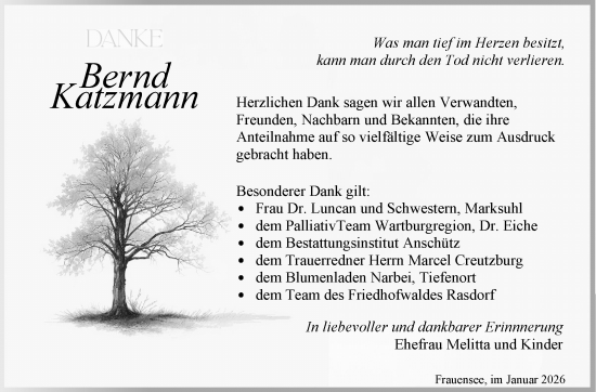 Traueranzeige von Bernd Katzmann von Südthüringer Presse