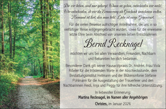 Traueranzeige von Bernd Recknagel von Südthüringer Presse