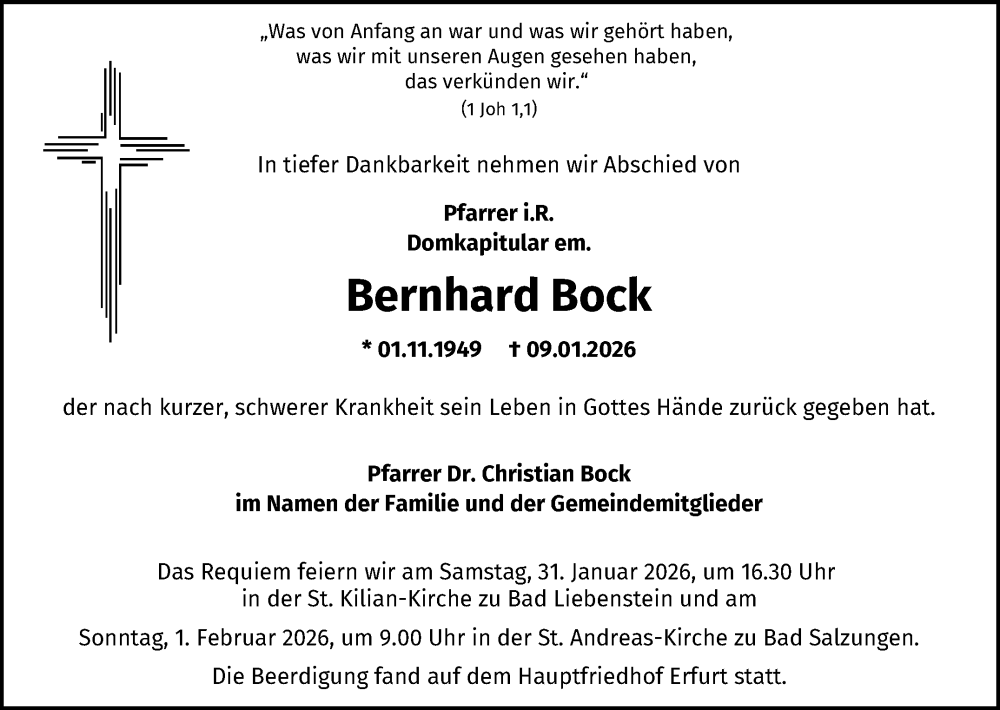  Traueranzeige für Bernhard Bock vom 31.01.2026 aus Südthüringer Presse