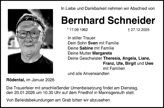 Traueranzeige von Bernhard Schneider von Neue Presse Coburg