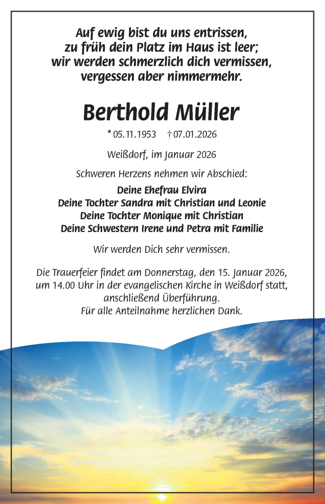  Traueranzeige für Berthold Müller vom 10.01.2026 aus Frankenpost