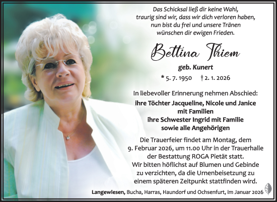 Traueranzeige von Bettina Thiem von Südthüringer Presse