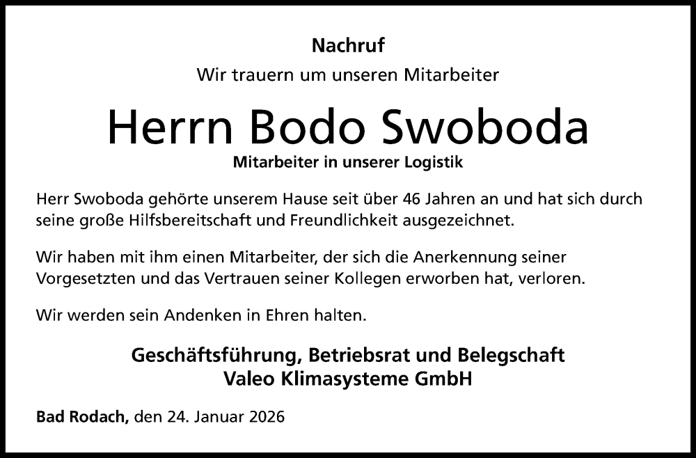  Traueranzeige für Bodo Swoboda vom 24.01.2026 aus Neue Presse Coburg