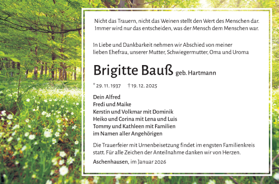 Traueranzeige von Brigitte Bauß von Südthüringer Presse