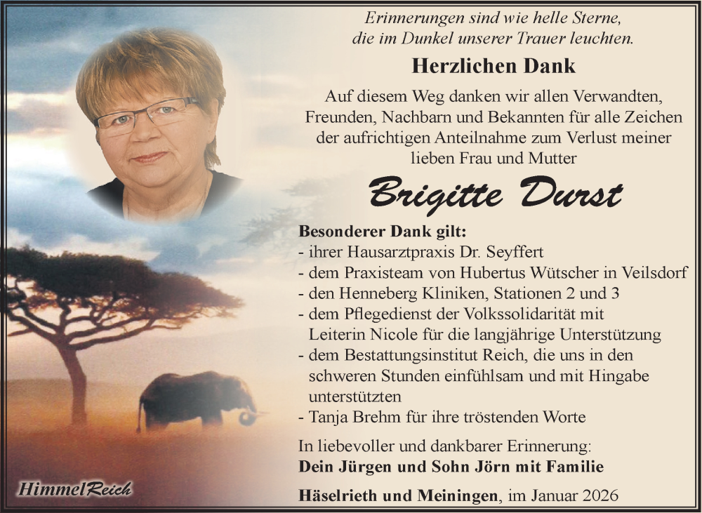  Traueranzeige für Brigitte Durst vom 17.01.2026 aus Südthüringer Presse