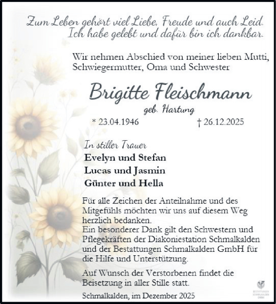 Traueranzeige von Brigitte Fleischmann von Südthüringer Presse