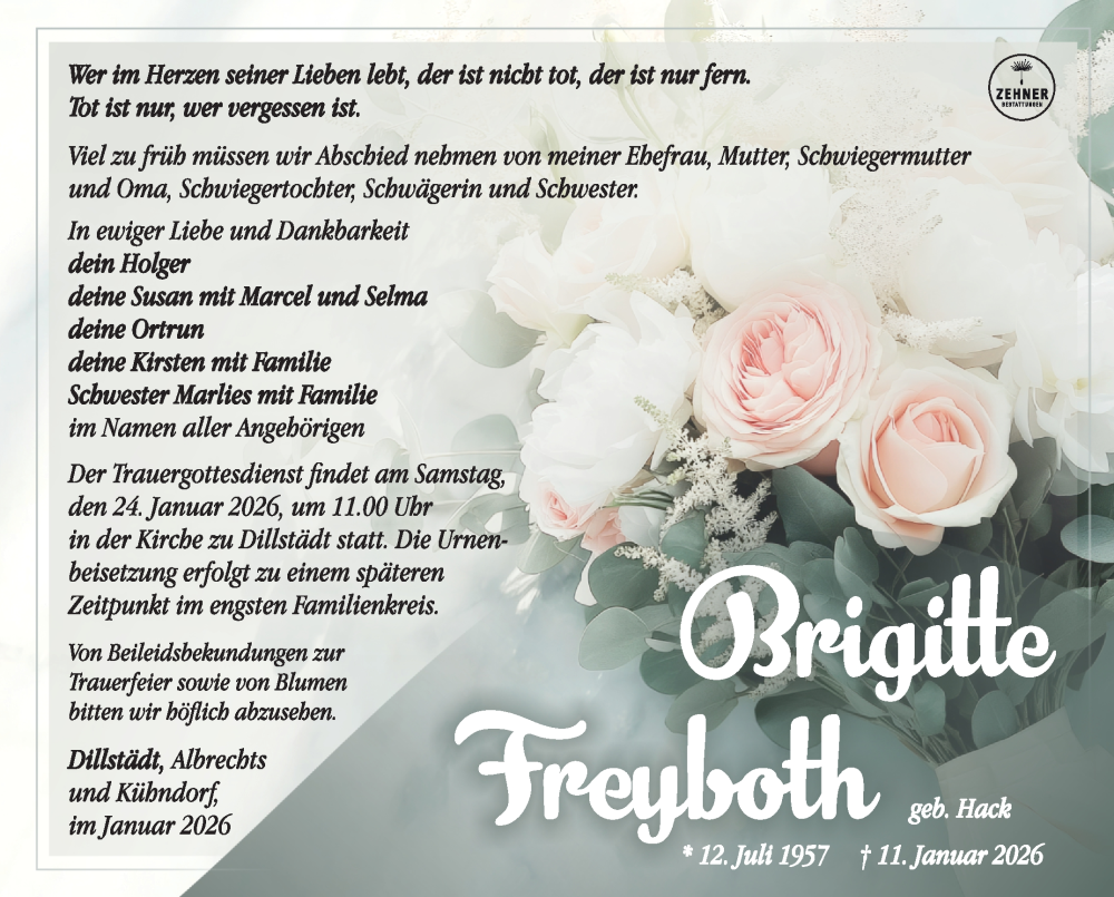  Traueranzeige für Brigitte Freyboth vom 17.01.2026 aus Südthüringer Presse
