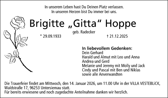 Traueranzeige von Brigitte Hoppe von Neue Presse Coburg