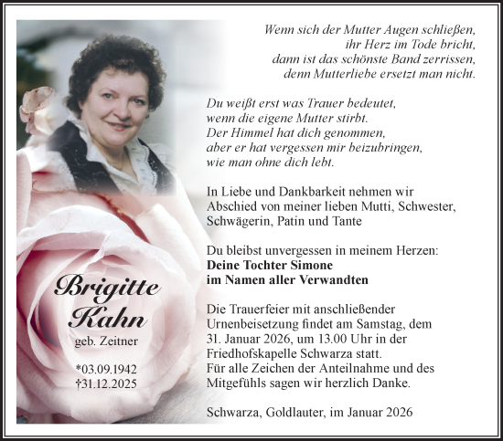 Traueranzeige von Brigitte Kahn von Südthüringer Presse