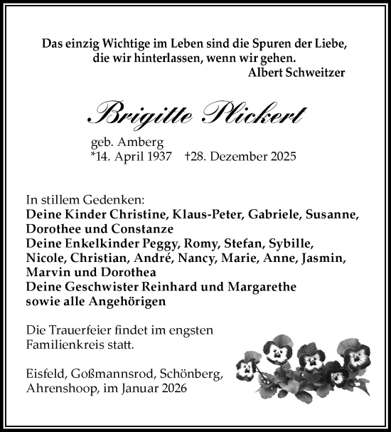 Traueranzeige von Brigitte Plickert von Südthüringer Presse