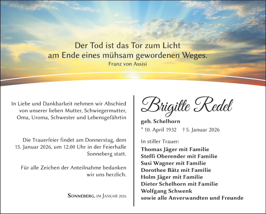 Traueranzeige von Brigitte Redel von Südthüringer Presse