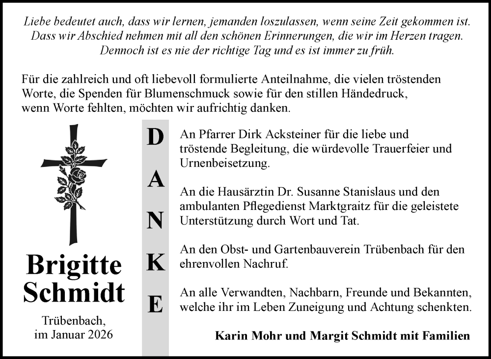  Traueranzeige für Brigitte Schmidt vom 17.01.2026 aus Neue Presse Coburg