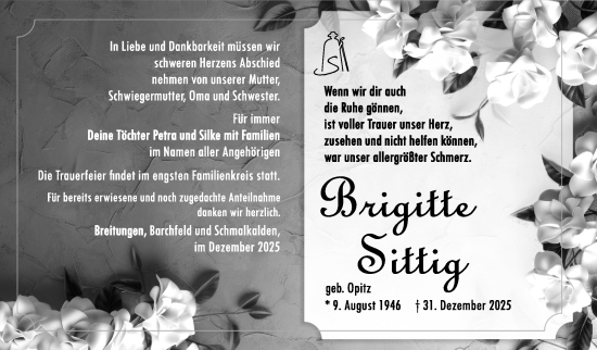 Traueranzeige von Brigitte Sittig von Südthüringer Presse