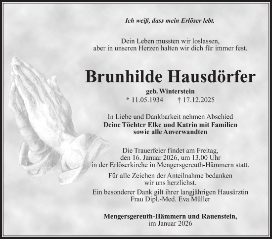 Traueranzeige von Brunhilde Hausdörfer von Südthüringer Presse