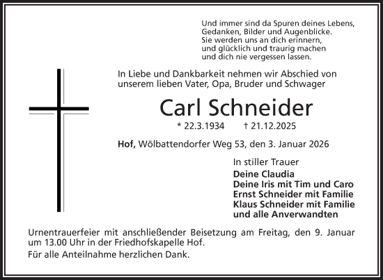 Traueranzeige von Carl Schneider von Frankenpost