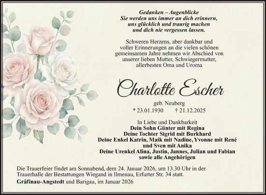 Traueranzeige von Charlotte Escher von Südthüringer Presse