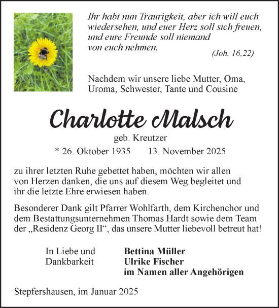 Traueranzeige von Charlotte Malsch von Südthüringer Presse