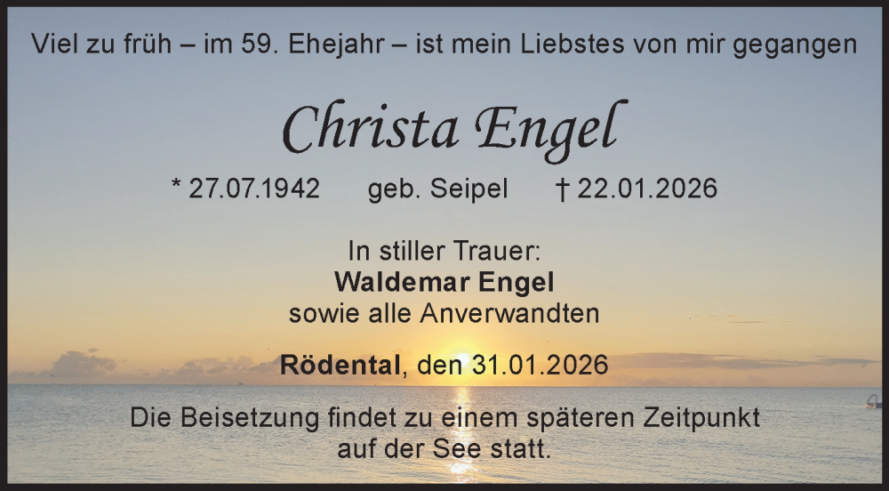  Traueranzeige für Christa Engel vom 31.01.2026 aus Neue Presse Coburg